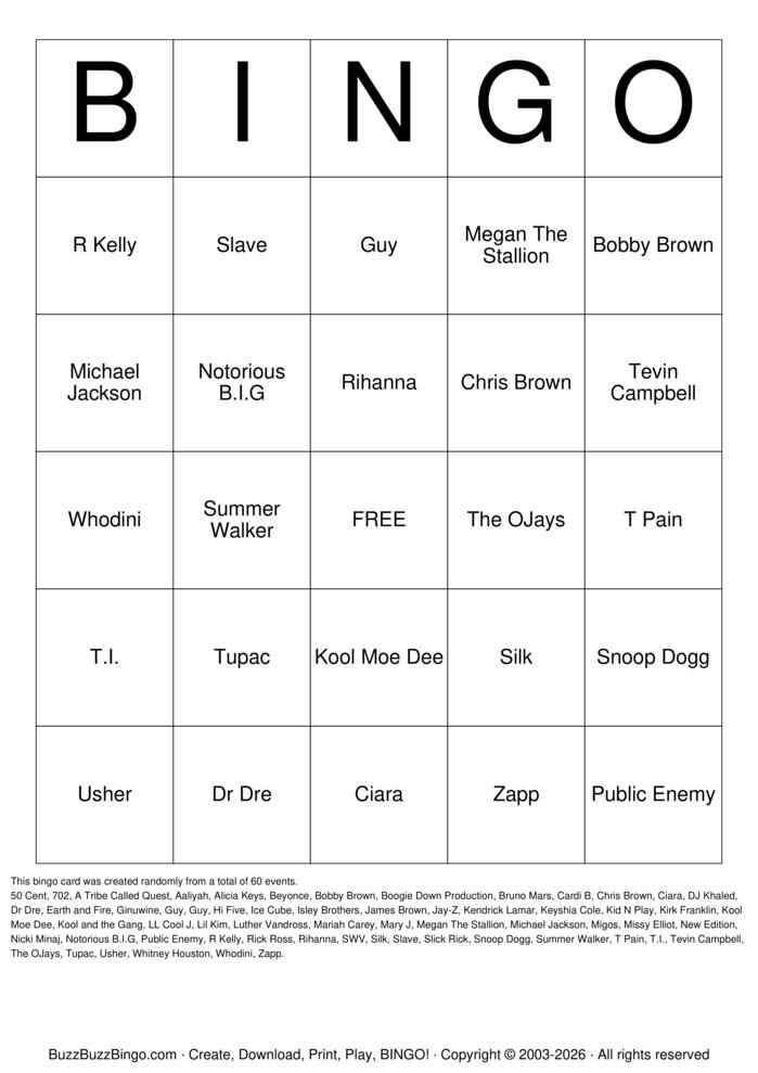 Download Free R&B/ HIP HOP(Artists) Bingo Cards