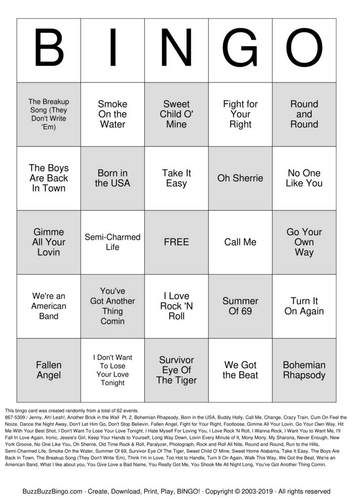 Download Free Rock 'N' Roll BINGO Bingo Cards