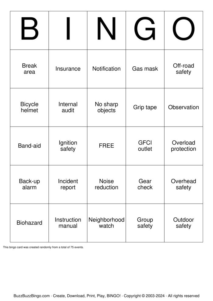 Download Free Safety Classic Bingo Cards