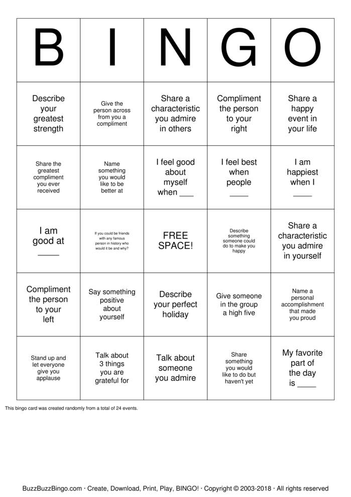 Self Esteem Bingo Cards to Download, Print and Customize!