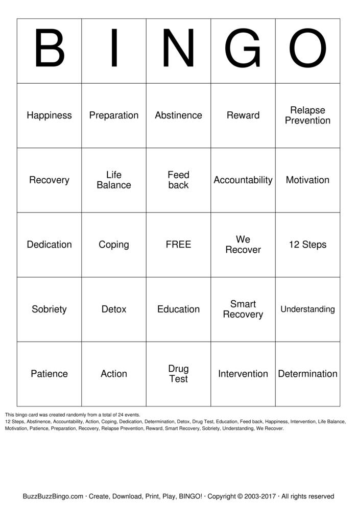 Download Free Substance Abuse Recovery Bingo Cards