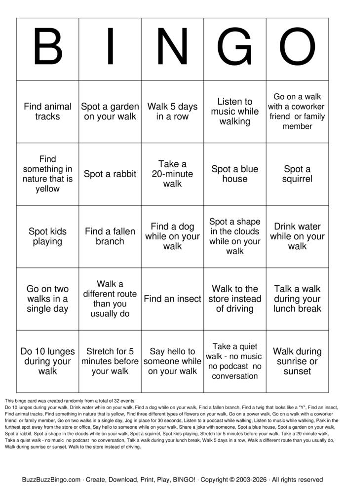 Download Free Walking Bingo Bingo Cards