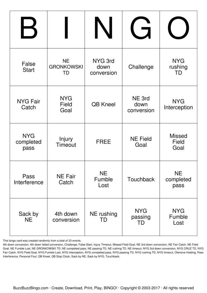 2012 Superbowl NYG vs NE Bingo Cards to Download, Print and Customize!