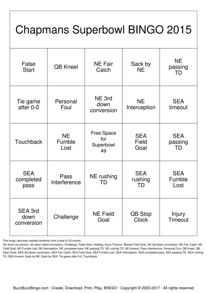 2015 Superbowl NE vs SEA Bingo Cards to Download, Print and Customize!
