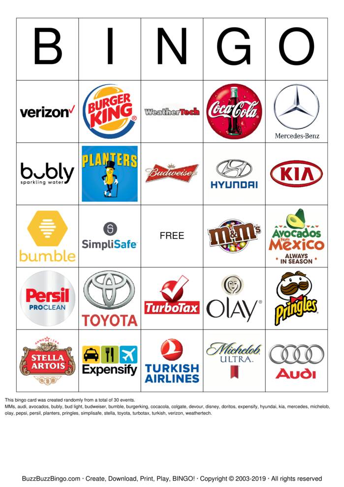 2019 Superbowl Commercial Logos Bingo Cards to Download, Print and ...