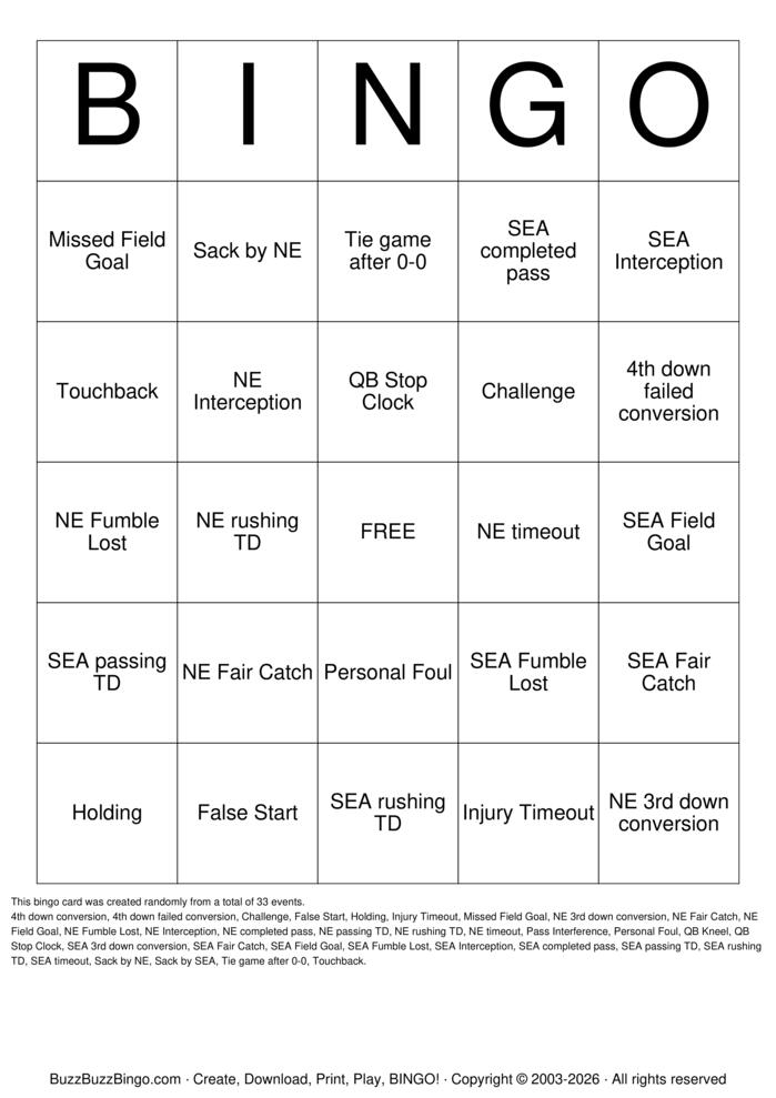 Download Free 2026 Superbowl SEA vs NE Bingo Cards Download Free 2026 Superbowl SEA vs NE Bingo Cards