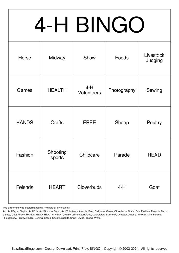 Download Free 4H Bingo Bingo Cards