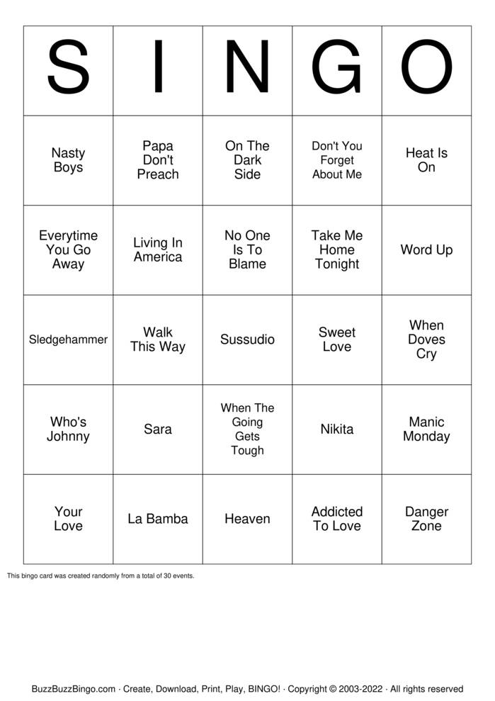 Download Free 80S B Bingo Cards