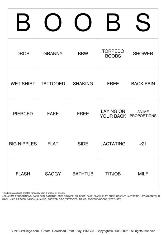 Download Free BOOBS Bingo Cards
