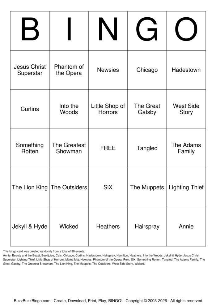 Download Free Broadway Musical Songs Bingo Cards Download Free Broadway Musical Songs Bingo Cards