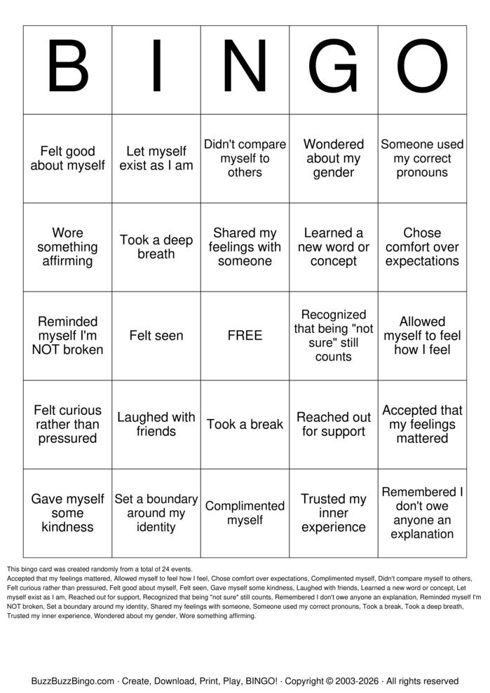 Download Free Gender Affirming Bingo Cards