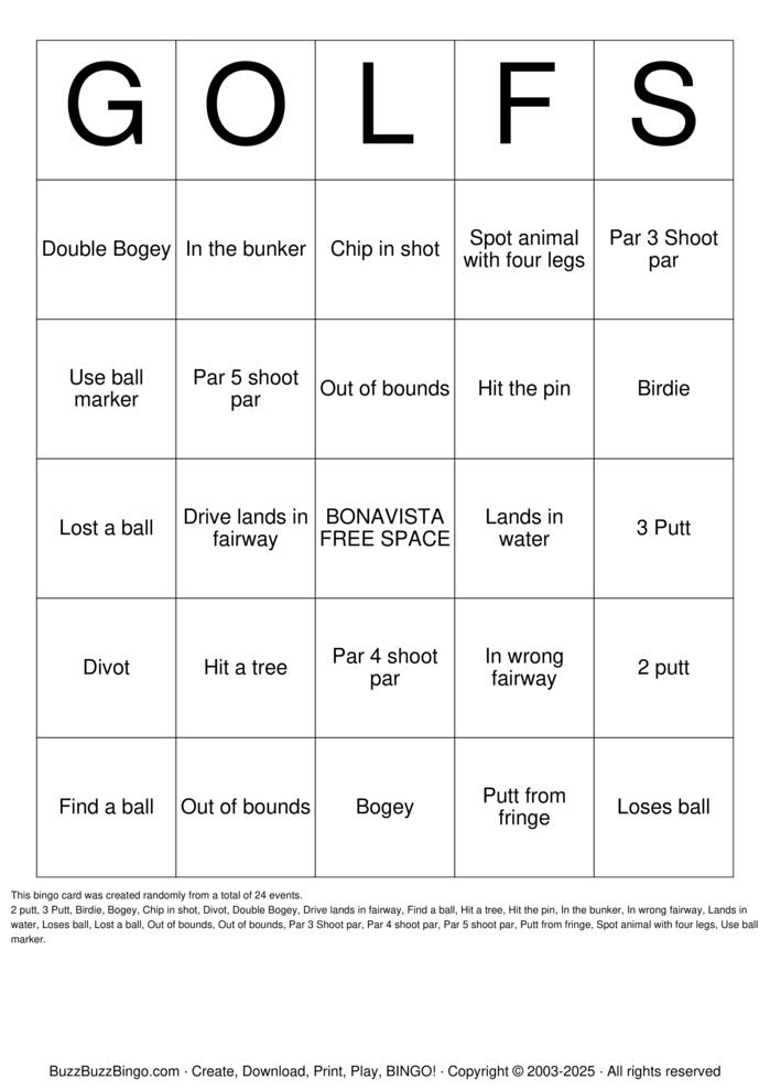 Download Free Golf Bingo Cards