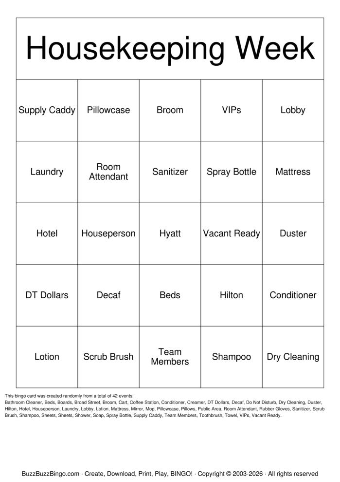 Download Free Housekeeping Week Bingo Cards Download Free Housekeeping Week Bingo Cards