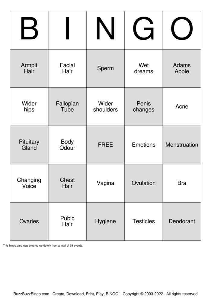 It's Puberty ! Bingo Cards to Download, Print and Customize!