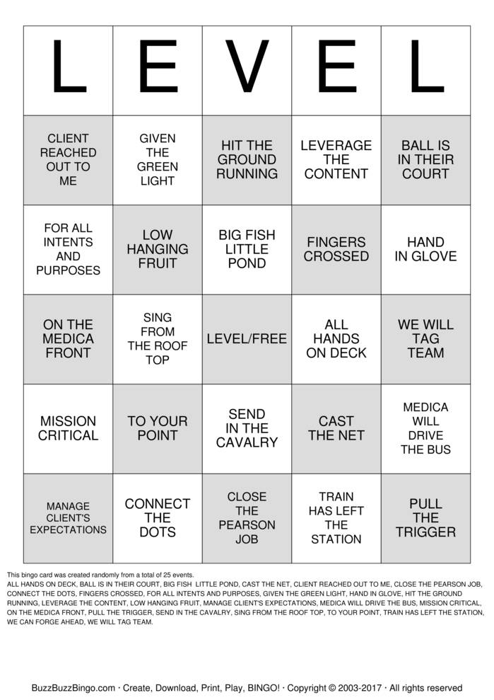 LEVEL Bingo Cards to Download, Print and Customize!