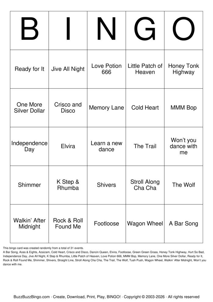 Download Free LINE DANCE BINGO Bingo Cards