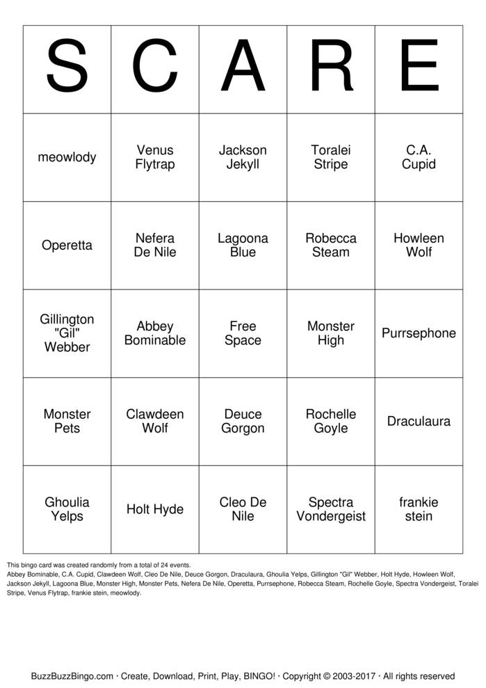Monster High Bingo Cards to Download, Print and Customize!