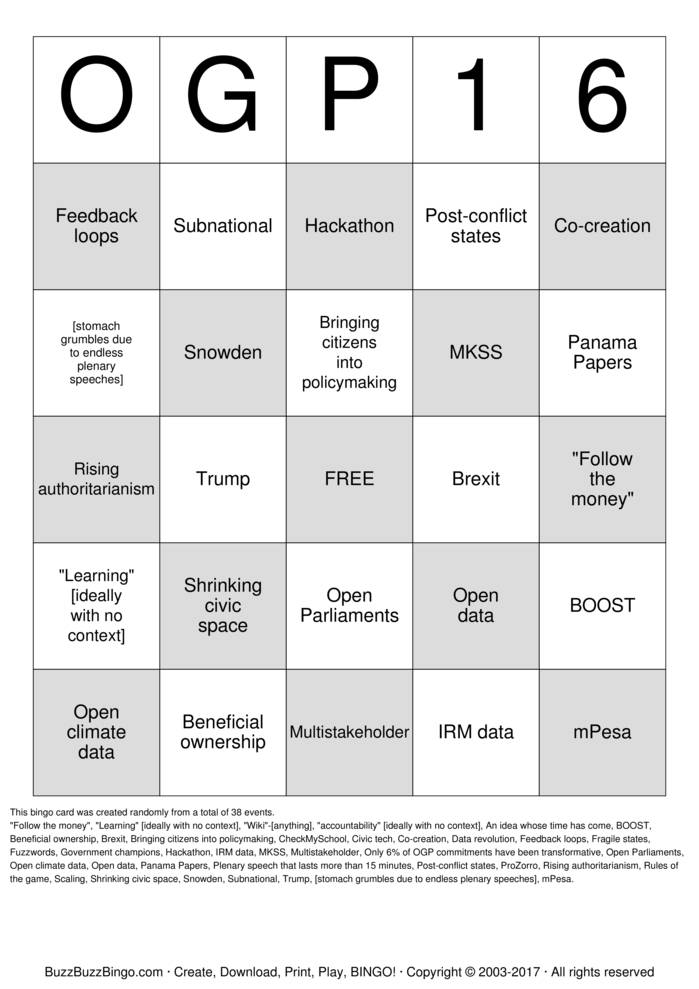 Download Free #OGP16 Plenary Bingo Bingo Cards Download Free #OGP16 Plenary Bingo Bingo Cards
