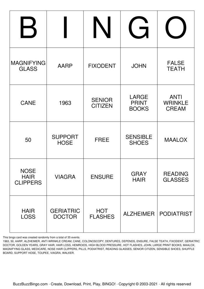 OVER THE HILL Bingo Cards to Download, Print and Customize!