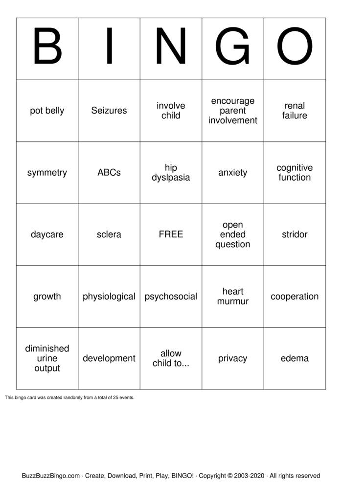 Pediatric Assessment Bingo Cards to Download, Print and Customize!