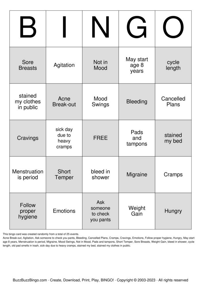 Download Free Period Bingo Cards