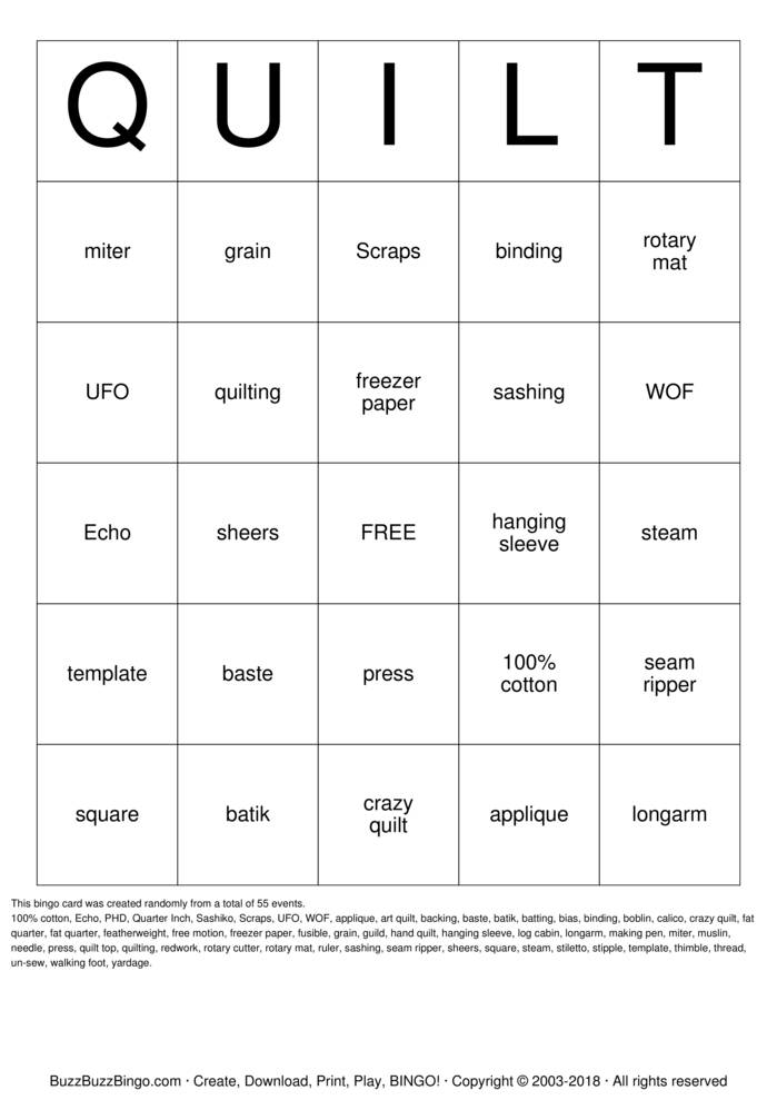 QUILT BINGO Bingo Cards to Download, Print and Customize!