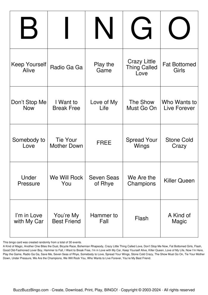 Download Free Queen Songs Bingo Cards