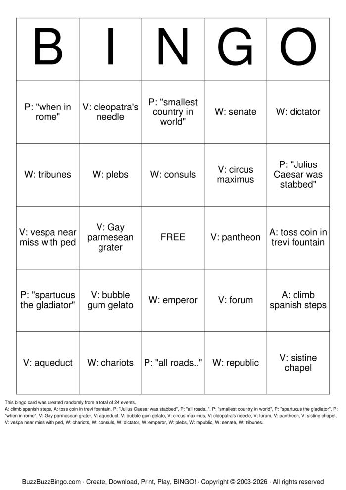 Download Free Rome Bingo Cards
