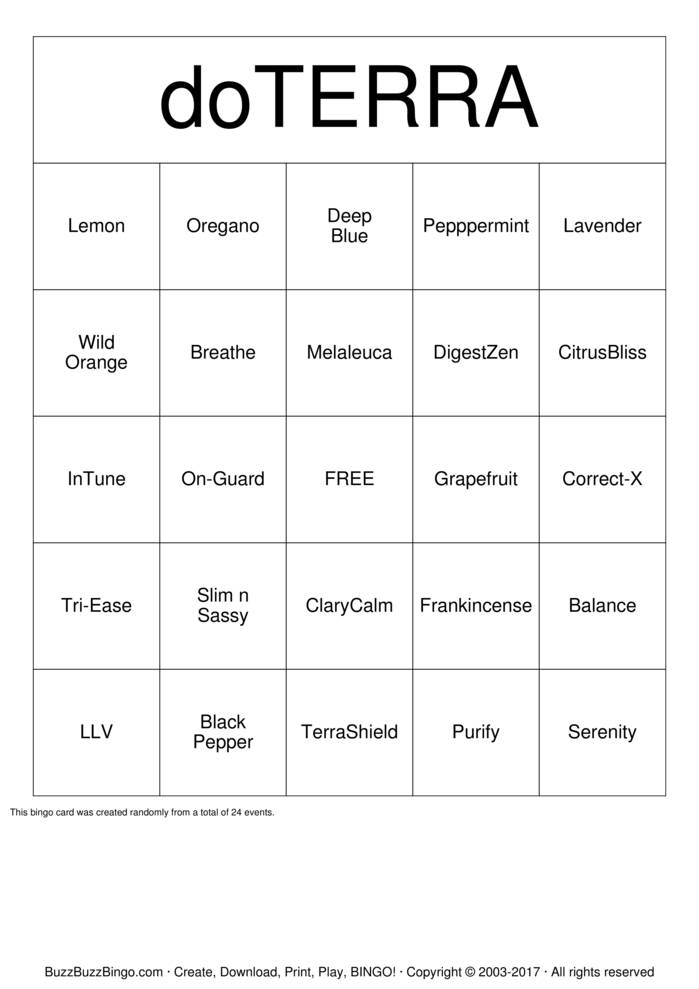 Download Free doTERRA OILS Bingo Cards