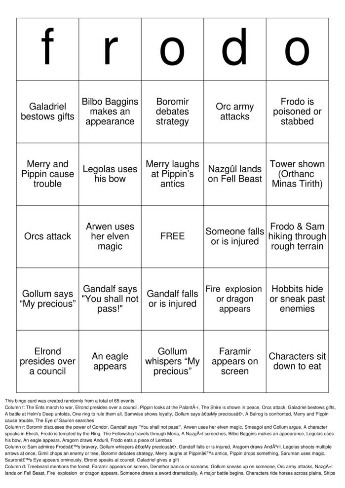 Download Free lord of the rings Bingo Cards