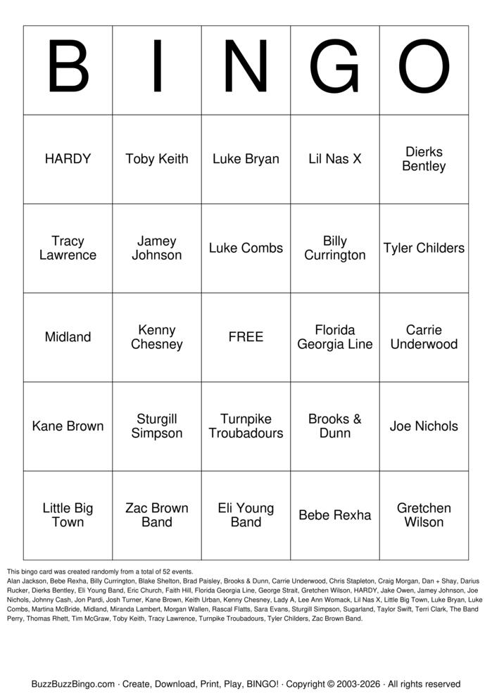 Download Free 2000s, 2010s Country Music Artists Bingo Cards