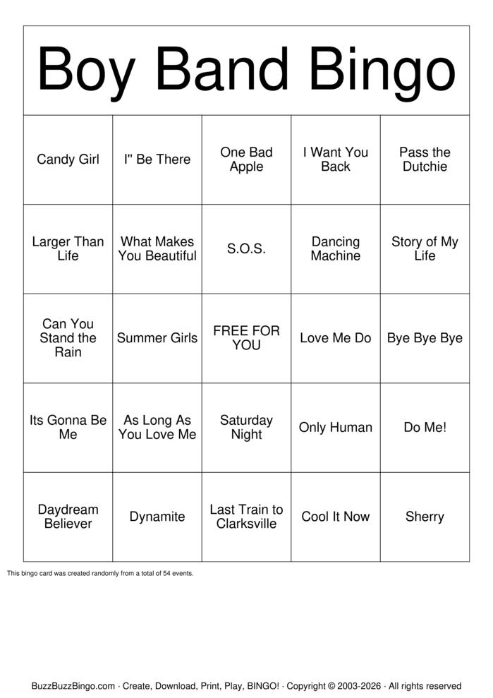 Download Free Boy Band Bingo Bingo Cards Download Free Boy Band Bingo Bingo Cards