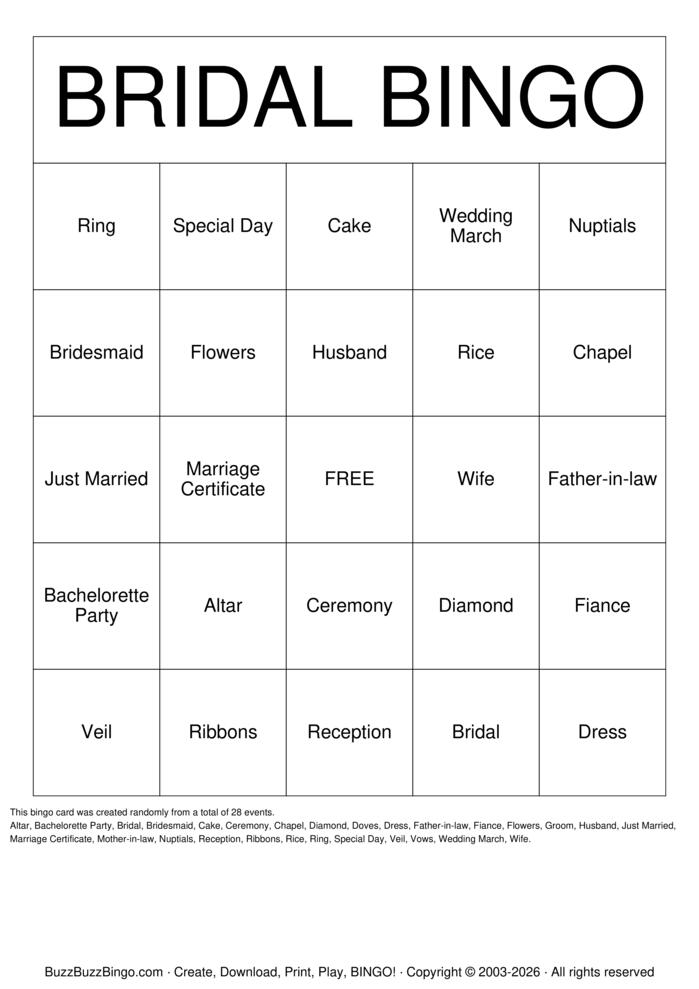 Download Free Bridal Shower Bingo Cards
