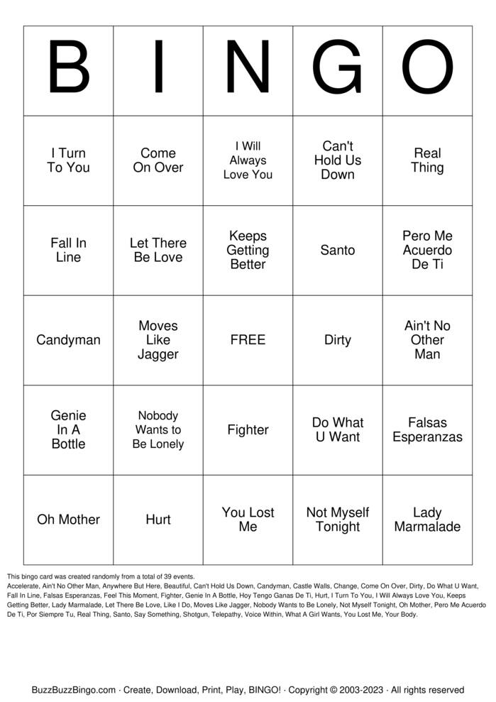 Download Free Christina Aguilera  Bingo Cards