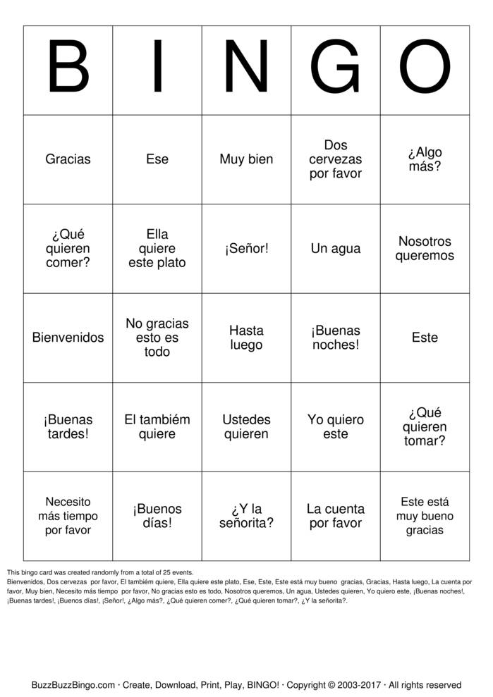 En el restaurante Bingo Cards to Download, Print and Customize!