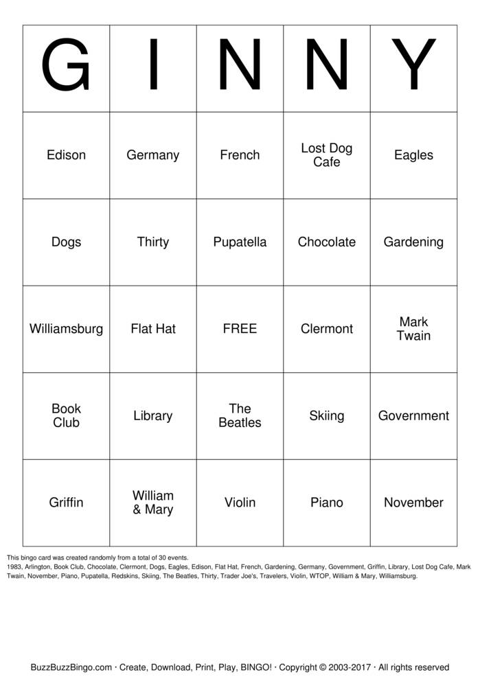 Download Free Ginny Bingo Cards