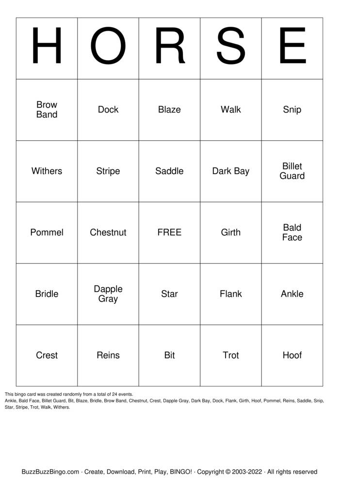 HORSE Bingo Cards to Download, Print and Customize!