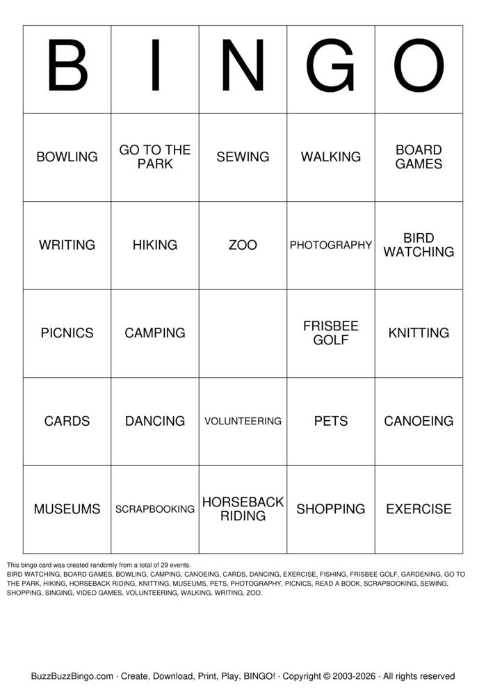 Download Free LEISURE ACTIVITIES Bingo Cards