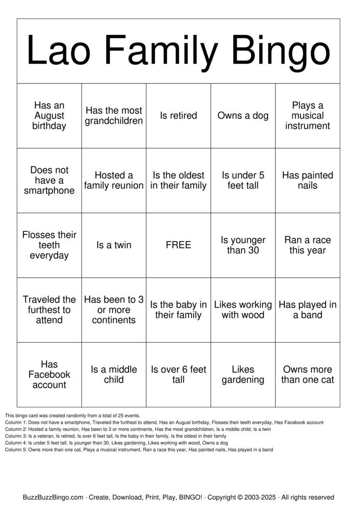 Download Free Lao Family Reunion Bingo Cards