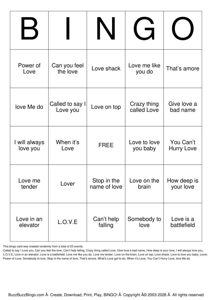 Download Free Love Songs Bingo Cards
