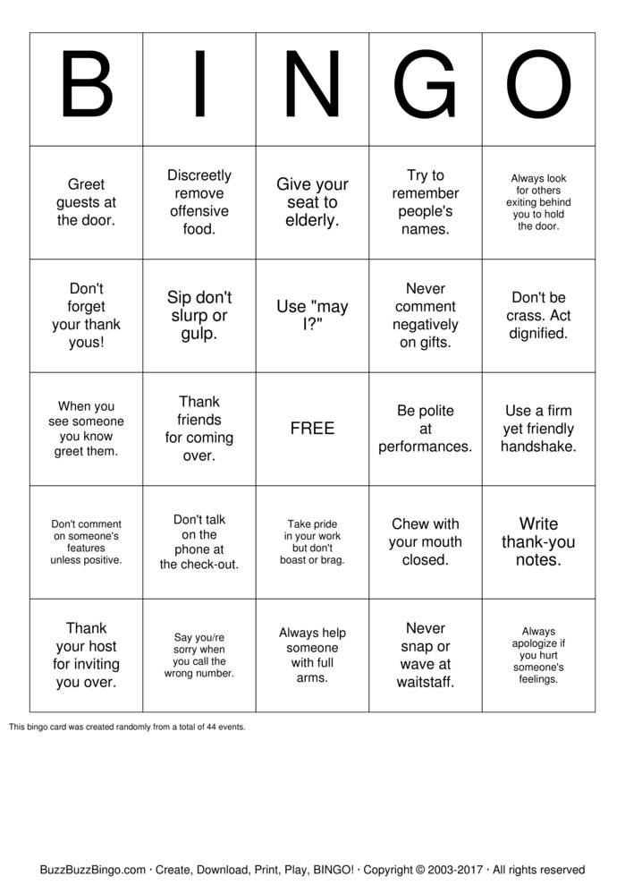 Manners Bingo Cards to Download, Print and Customize!