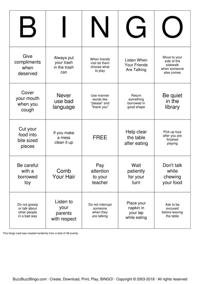 Manners Bingo Cards to Download, Print and Customize!
