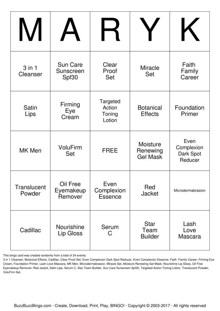 Download Free MaryKay Bingo Cards Download Free MaryKay Bingo Cards