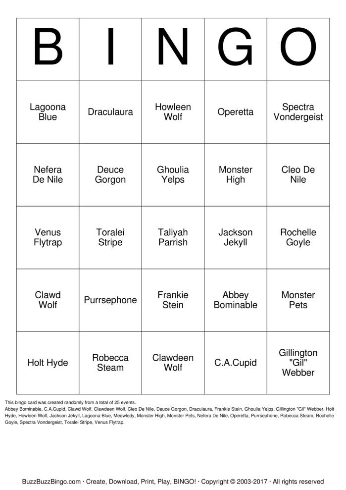 Monster High Bingo Cards to Download, Print and Customize!