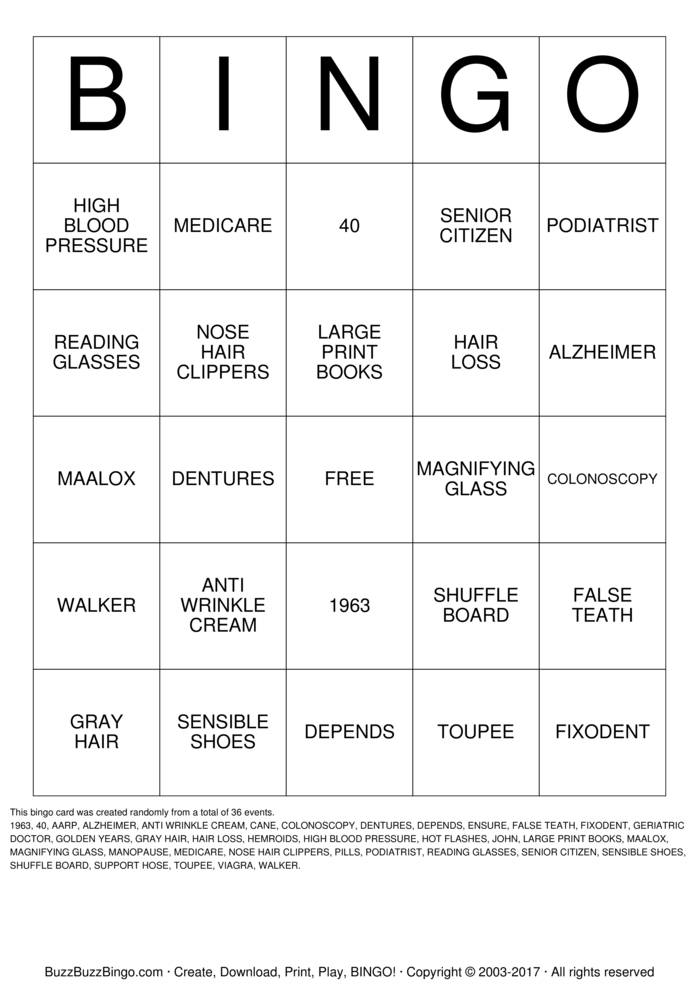 OVER THE HILL Bingo Cards to Download, Print and Customize!