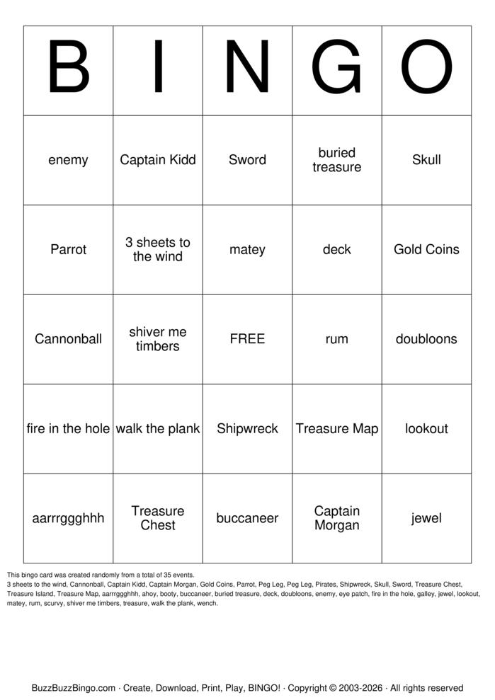 Download Free Pirate Bingo Cards