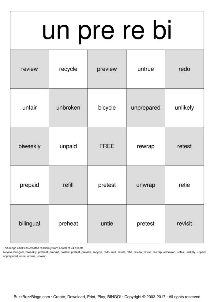 Prefix/Suffix Bingo Cards to Download, Print and Customize!