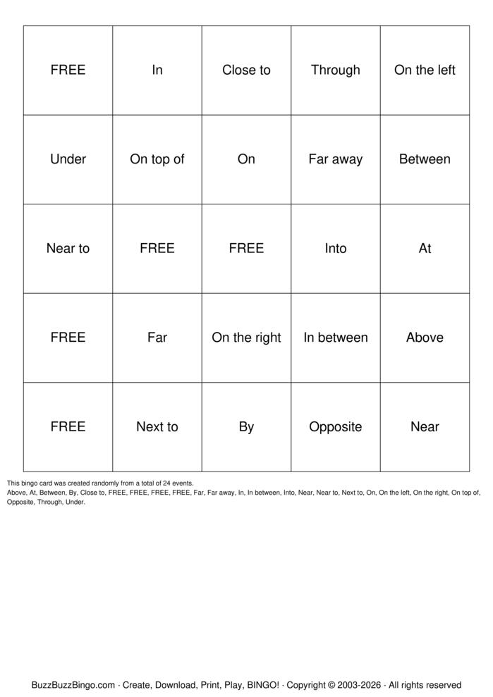 Download Free Prepositions of place Bingo Cards