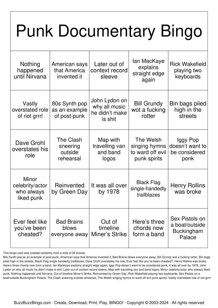 Download Free Punk documentary bingo card Bingo Cards Download Free Punk documentary bingo card Bingo Cards