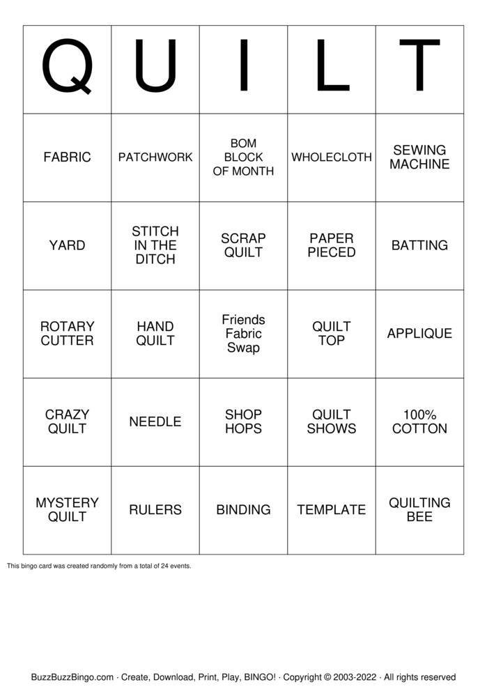 Download Free Quilt Retreat Bingo Bingo Cards